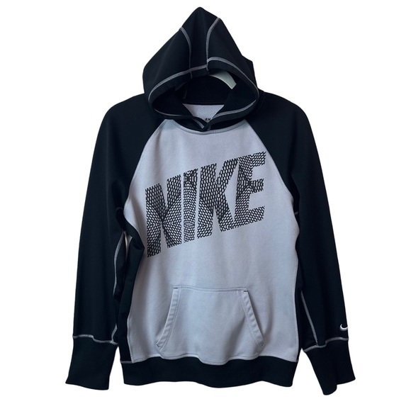 Nike Tops - Nike Black Gray Big Logo Therma Fit Lined Hoodie Women's Sz L